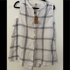 Christian Siriano New York 100% Linen Plaid Button-Up Sleeveless Tunic Top, Med